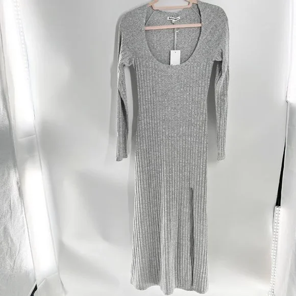 Reformation Lemon Grey Long sleeve Front Slit Round Neck Ribbed Dress  M NWT - Picture 2 of 12